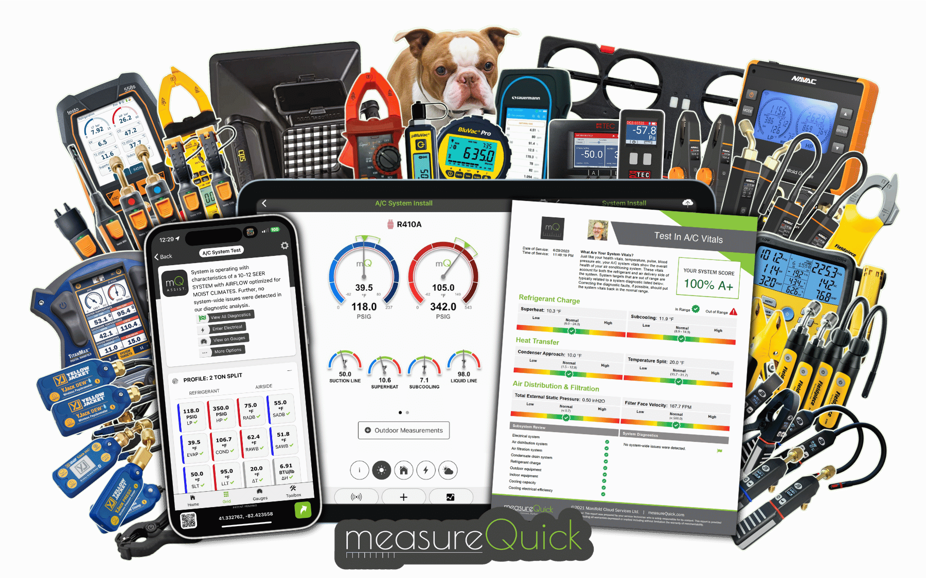 MeasureQuick diagnostic tools, app interface, and System Vitals report
